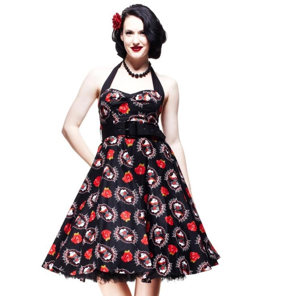 Hell Bunny Sz 16 Wolf Dream Roses Cameo Pin Up Retro Halter Dress